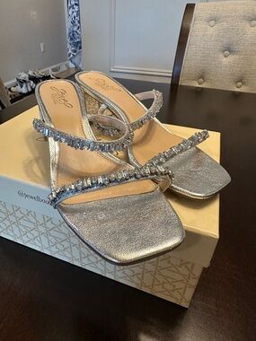 Badgley Mischka Silver Crystal-Strap Metallic Slide Heels